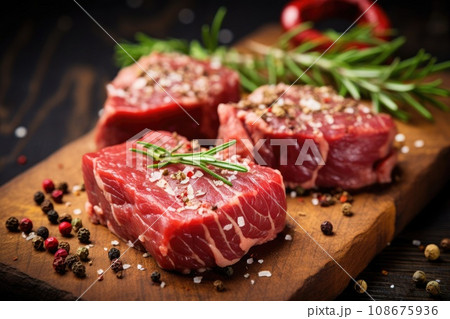 Raw beef fillet steaks with spices on wooden background 108675936