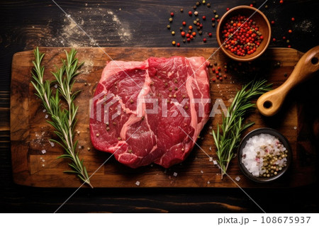 Raw beef steak and spices on wooden cutting board, top view 108675937