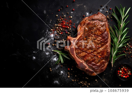 Rib eye steak with spices on the black background. Top view 108675939