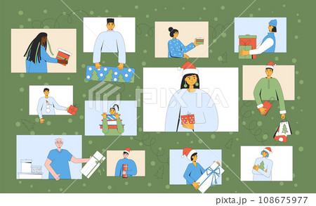 Online Gift Exchange. Virtual Christmas Party. Vector Illustration 108675977