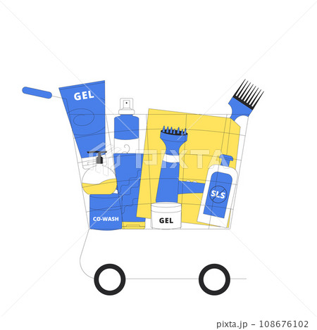 Shopping cart with cosmetics, tools and accessories for curly girl method. 108676102