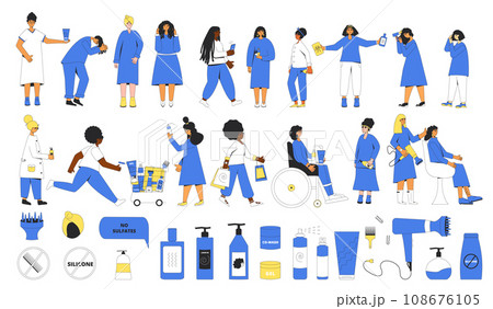 Illustration of women with types of curly hair, cosmetics, tools and accessories for curly girl method. 108676105