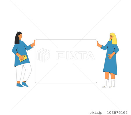 Two women holding blank banner. Two women holding blank banner. 108676162