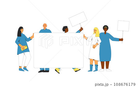 Group of people holding blank banner. 108676179