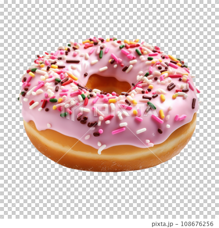 a donut decorated with pink icing with sprinkles, isolated 108676256