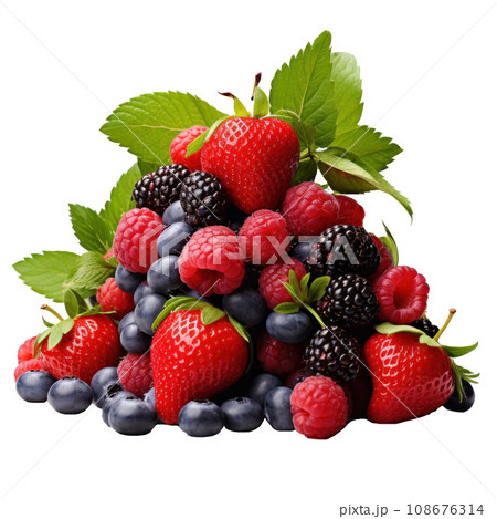 a mound of strawberries, raspberries, blueberries and mint, isolated a mound of strawberries, raspberries, blueberries and mint, isolated 108676314