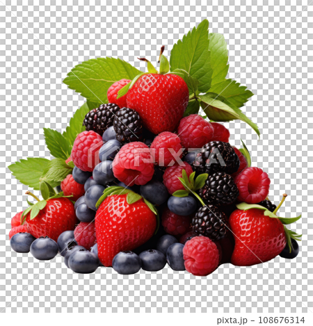 a mound of strawberries, raspberries, blueberries and mint, isolated a mound of strawberries, raspberries, blueberries and mint, isolated 108676314