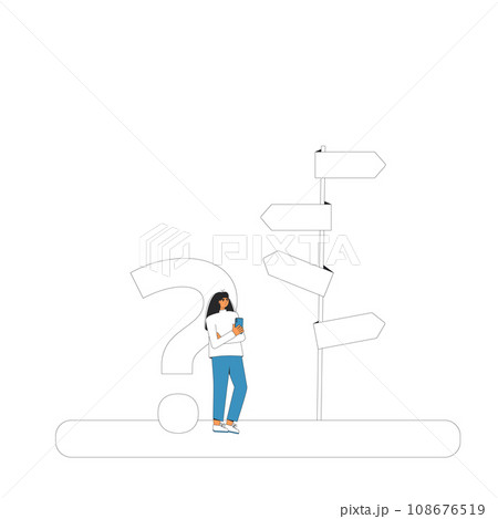 Question. Teenager girl standing at signpost. 108676519
