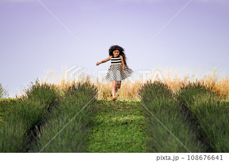 A little girl runs between lavender rows in a dress. 108676641