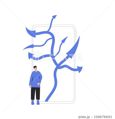 Young man standing at crossroads on phone screen. Decision. Choose the right way. 108676691