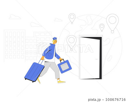 Young man choosing a college abroad. Brain drain metaphor. Young man choosing a college abroad. Brain drain metaphor. 108676716