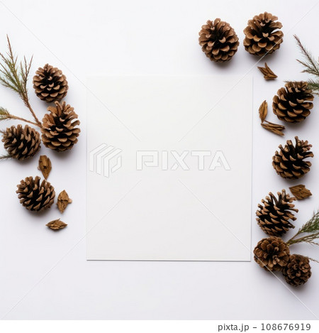 christmas pine cones with blank white card christmas pine cones with blank white card 108676919