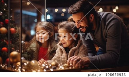 happy family buying gifts in christmas store happy family buying gifts in christmas store 108676938