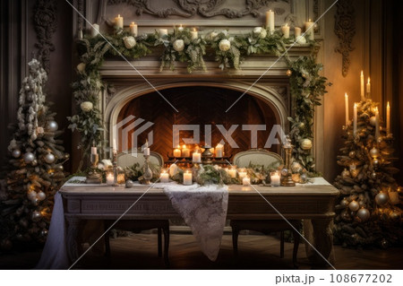 a christmas table with fireplace in the room 108677202