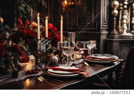 a christmas table with fireplace in the room 108677251