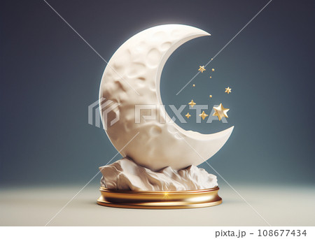 White moon on golden podium on blue background White moon on golden podium on blue background 108677434