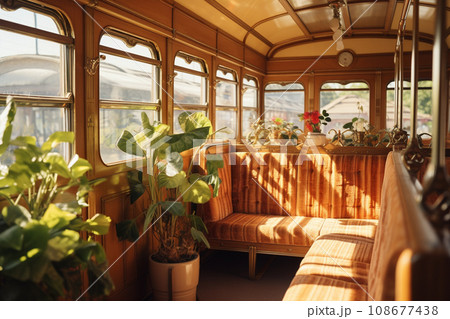 Vintage interior of an old fashioned Train carriage in sunny summer day 108677438