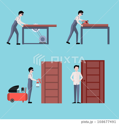 Door manufacture Carpenter making wooden door 108677491