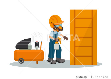Male carpenter painting a wooden door with a paint gun and a compressor with industrial safety equipment Male carpenter painting a wooden door with a paint gun and a compressor with industrial safety equipment 108677528