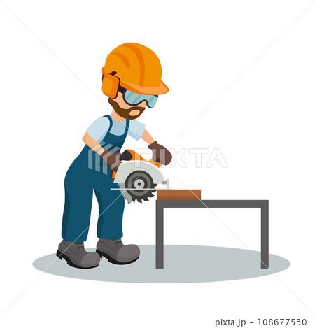 Male carpenter cutting a wooden plank with circular saw with industrial safety equipment 108677530