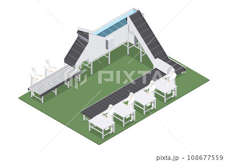 Line of industrial food production with automated equipment and machinery 108677559
