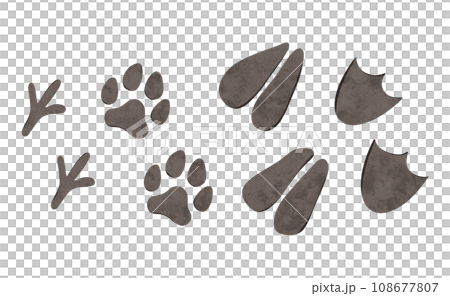 Set of Cartoon domestic animals footprint. Digital hand drawn farm chicken, cow, goose, dog illustration for textile design, poster, postcard. Cartoon style drawing for printing 108677807