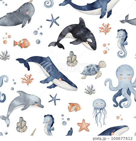 Underwater Animals seamless pattern. Cute undersea endless line with whale, orca, octopus, seahorse, jellyfish, turtle, clownfish, shells, algae, corals and bubbles. Hand drawn watercolor illustration 108677812