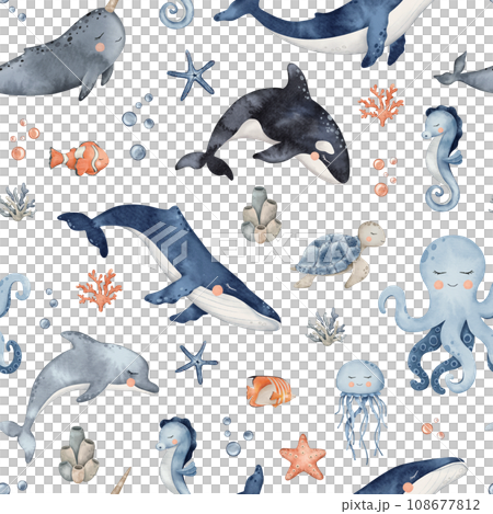 Underwater Animals seamless pattern. Cute undersea endless line with whale, orca, octopus, seahorse, jellyfish, turtle, clownfish, shells, algae, corals and bubbles. Hand drawn watercolor illustration 108677812
