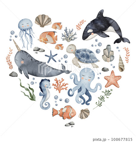 Underwater Animals heart design. Cute undersea composition in circle with whale, dolphin, octopus, seahorse, jellyfish, turtle, clownfish, shells, algae, corals and bubbles. Hand drawn watercolor Underwater Animals heart design. Cute undersea composition in circle with whale, dolphin, octopus, seahorse, jellyfish, turtle, clownfish, shells, algae, corals and bubbles. Hand drawn watercolor 108677815