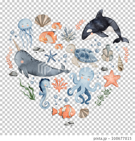Underwater Animals heart design. Cute undersea composition in circle with whale, dolphin, octopus, seahorse, jellyfish, turtle, clownfish, shells, algae, corals and bubbles. Hand drawn watercolor Underwater Animals heart design. Cute undersea composition in circle with whale, dolphin, octopus, seahorse, jellyfish, turtle, clownfish, shells, algae, corals and bubbles. Hand drawn watercolor 108677815