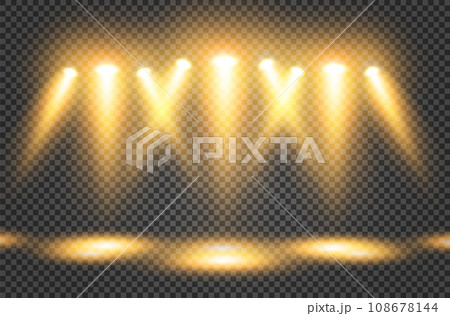 A set of spotlights with a bright yellow light illuminating the stage on a transparent background. A set of spotlights with a bright yellow light illuminating the stage on a transparent background. 108678144