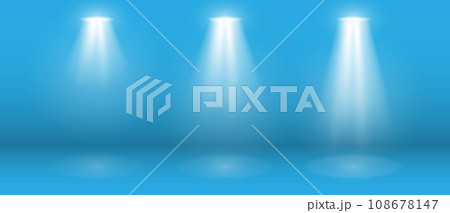 A set of stage lights with white lighting fixtures on a blue background. 108678147