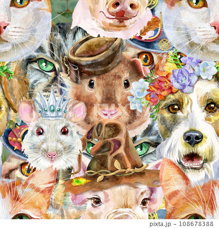 Seamless pattern of of dog, guinea pig, cat, mini pig and rat. Watercolor pets illustration. Watercolor hand drawn illustration Seamless pattern of of dog, guinea pig, cat, mini pig and rat. Watercolor pets illustration. Watercolor hand drawn illustration 108678388