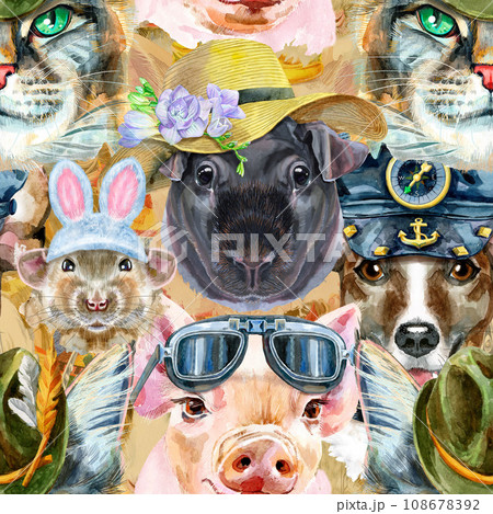Seamless pattern of of dog, guinea pig, cat, mini pig and rat. Watercolor pets illustration. Watercolor hand drawn illustration 108678392