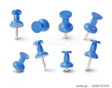 3d Blue Push Pins Set Different Angles Cartoon Style Element Business Stationery. Vector illustration of Pin Tool or Pushpin 108678504