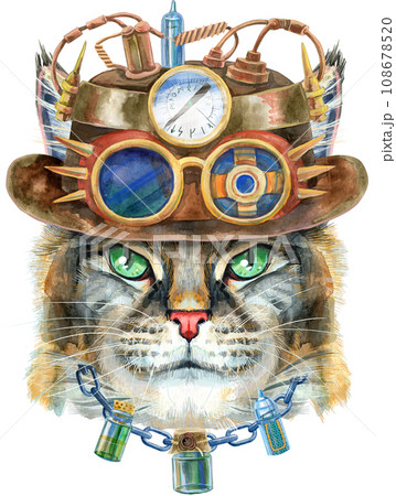Lovely closeup portrait of Maine Coon cat wearing a steampunk hat with goggles. Hand drawn water color painting on white background 108678520