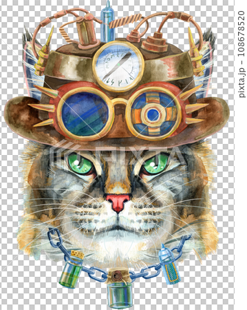 Lovely closeup portrait of Maine Coon cat wearing a steampunk hat with goggles. Hand drawn water color painting on white background 108678520