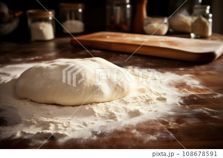 Ball of pizza dough and flour on wooden kitchen table 108678591