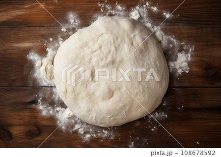 Ball of pizza dough and flour on wooden background, top view Ball of pizza dough and flour on wooden background, top view 108678592