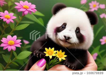 tiny cute baby panda with colorful flowers in her hands can hardly stand the flowers. AI tiny cute baby panda with colorful flowers in her hands can hardly stand the flowers. AI 108678699