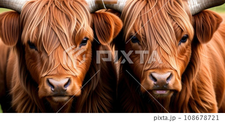 Scottish highlander or Highland cow cattle (Bos taurus taurus) mother showing affection to her calf. Sometimes known as a Hairy Coo are a rustic cattle breed reared for beef. AI 108678721