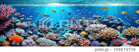 underwater coral reef landscape wide panorama background in the deep blue ocean with colorful fish and marine life . Banner. AI 108678739
