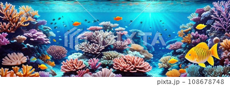 underwater coral reef landscape wide panorama background in the deep blue ocean with colorful fish and marine life . Banner. AI underwater coral reef landscape wide panorama background in the deep blue ocean with colorful fish and marine life . Banner. AI 108678748