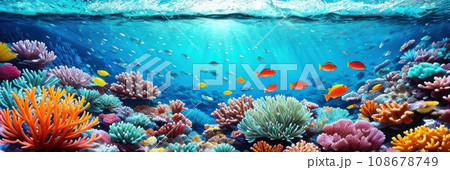underwater coral reef landscape wide panorama background in the deep blue ocean with colorful fish and marine life . Banner. AI underwater coral reef landscape wide panorama background in the deep blue ocean with colorful fish and marine life . Banner. AI 108678749