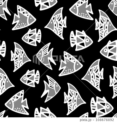 Hand Drawn Fishes Seamless Pattern. Underwater World Black and White Background. Hand Drawn Fishes Seamless Pattern. Underwater World Black and White Background. 108678892
