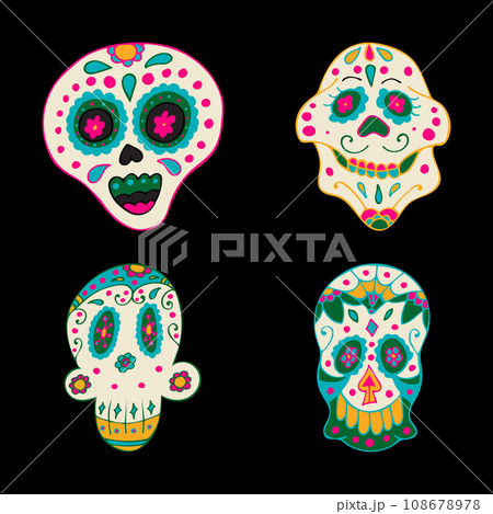 Sugar Skulls with Colorful Mexican Elements and Flowers. 108678978