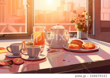 Healthy breakfast with a bun, juice, berries and coffee. Pastries, desserts, food concept Healthy breakfast with a bun, juice, berries and coffee. Pastries, desserts, food concept 108679181