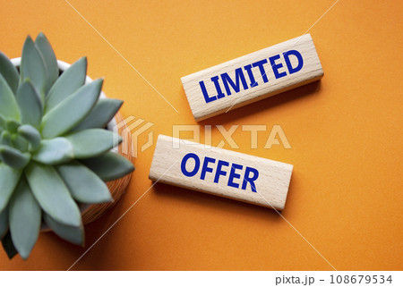 Limited Offer symbol. Concept word Limited Offer on wooden blocks. Beautiful orange background with succulent plant. Business and Limited Offer concept. Copy space 108679534