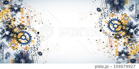 Abstract technological background with cogwheels and plexus effect. Abstract technological background with cogwheels and plexus effect. 108679927