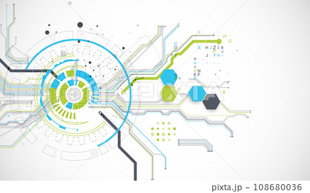 Abstract background with plexus effect. Scientific and technological concept with the use of technical elements formed in the shape of a circle. 108680036